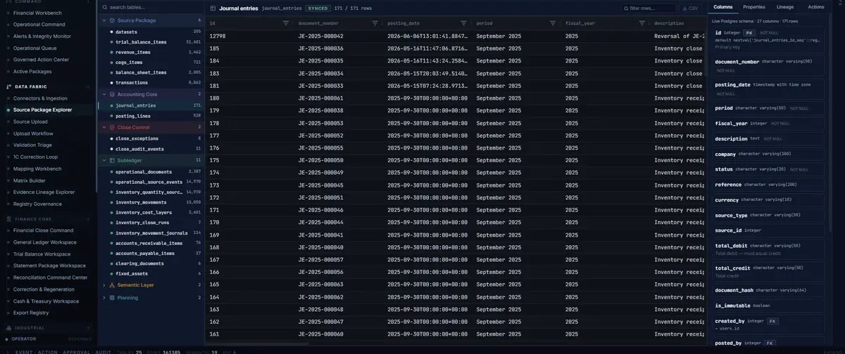 Current Financial Database Studio capture with source rows and schema context